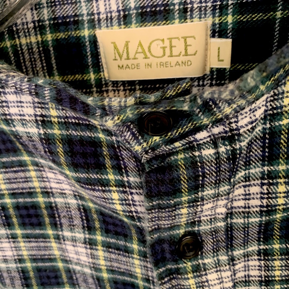 McGee Ireland Grandfather Shirt L Men’s Large Blue Green Plaid Flannel NEW